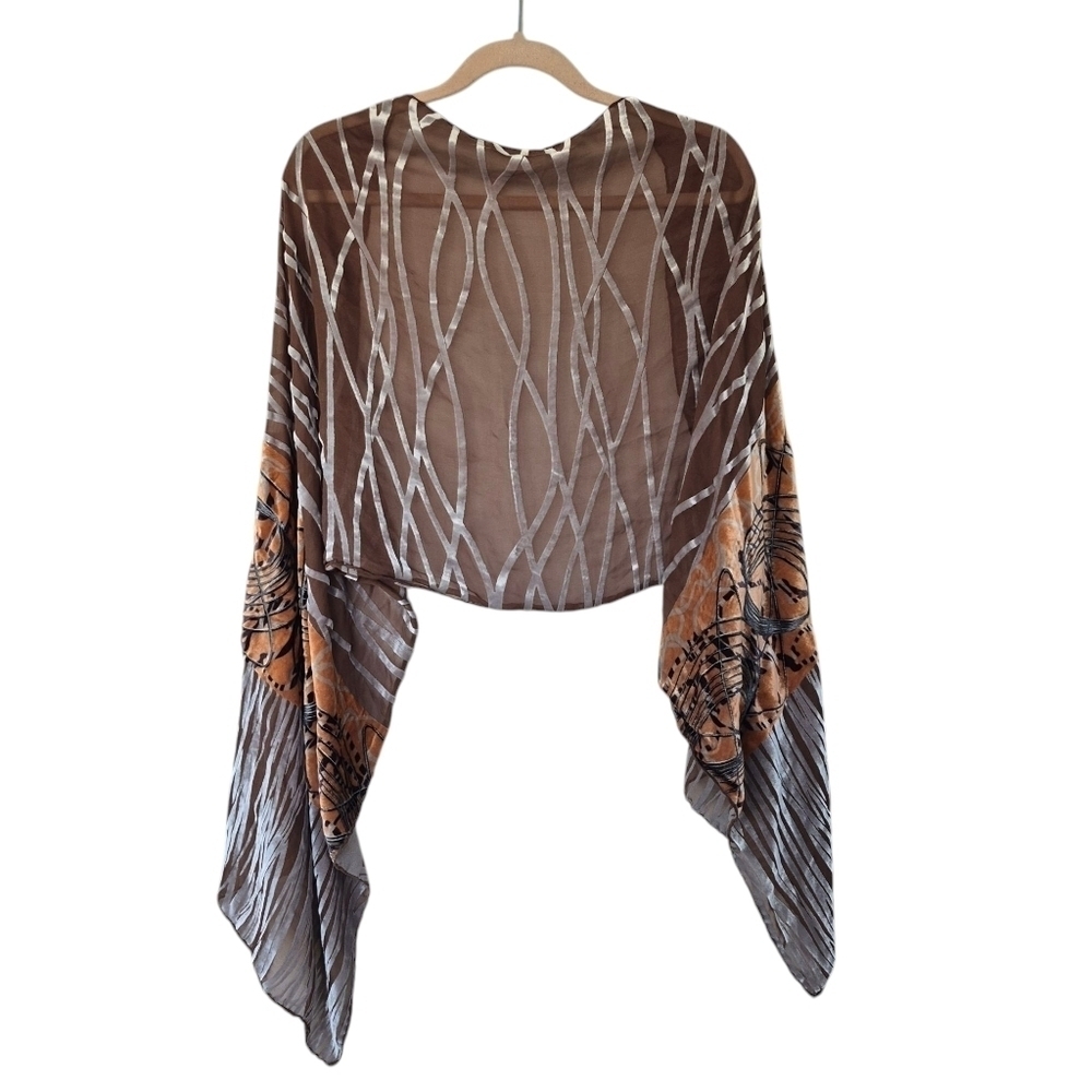 Vintage Velvet Burnout Sheer Scarf Brown Orange Silver Abstract Design